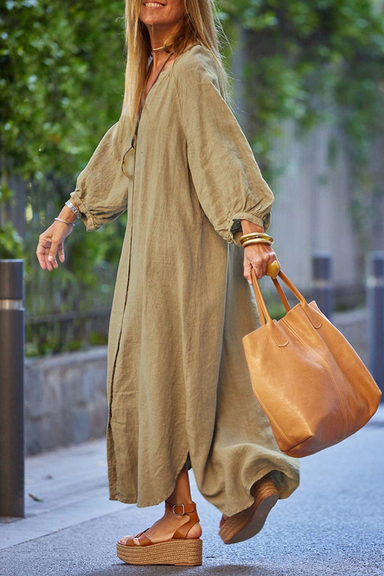 V Neck Single-breasted Long Sleeve Dress