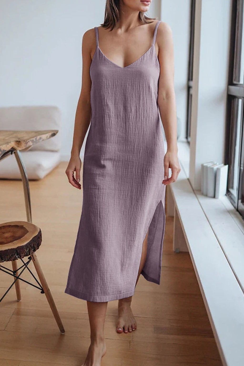 V Neck Slit Cotton Cami Dress