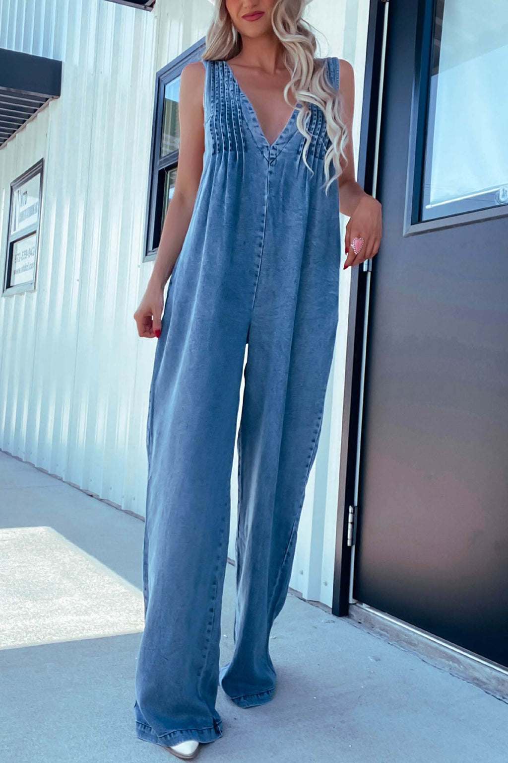 V Neck Smocked Backless Denim Jumpsuits