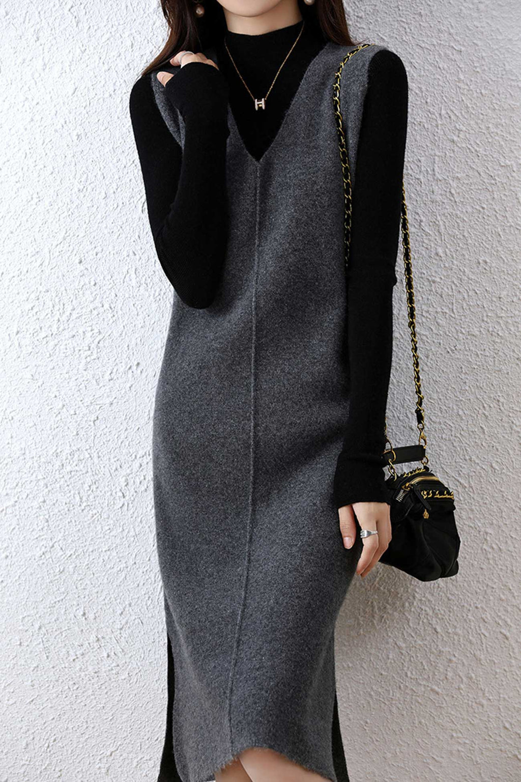 V Neck Solid Color Wool Tank Dress