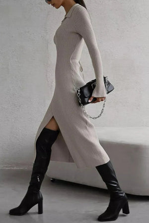 V Neck Tie-up Slit Knit Dress