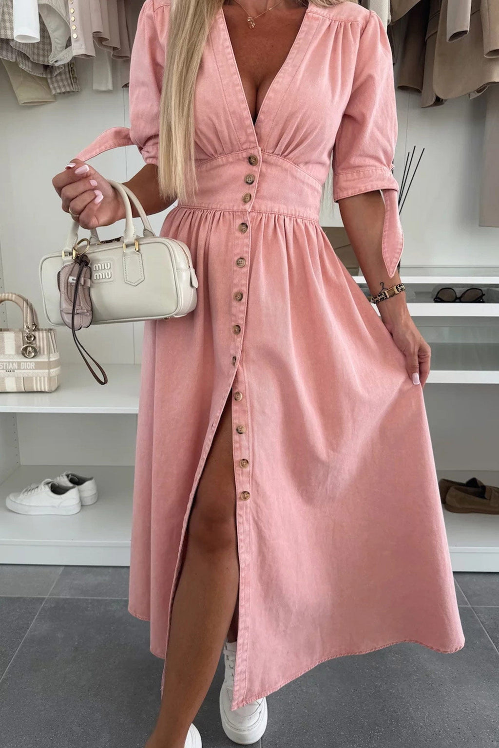 V-neck Single-breasted Denim Dress
