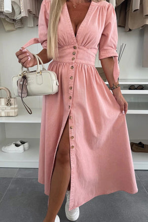 V-neck Single-breasted Denim Dress