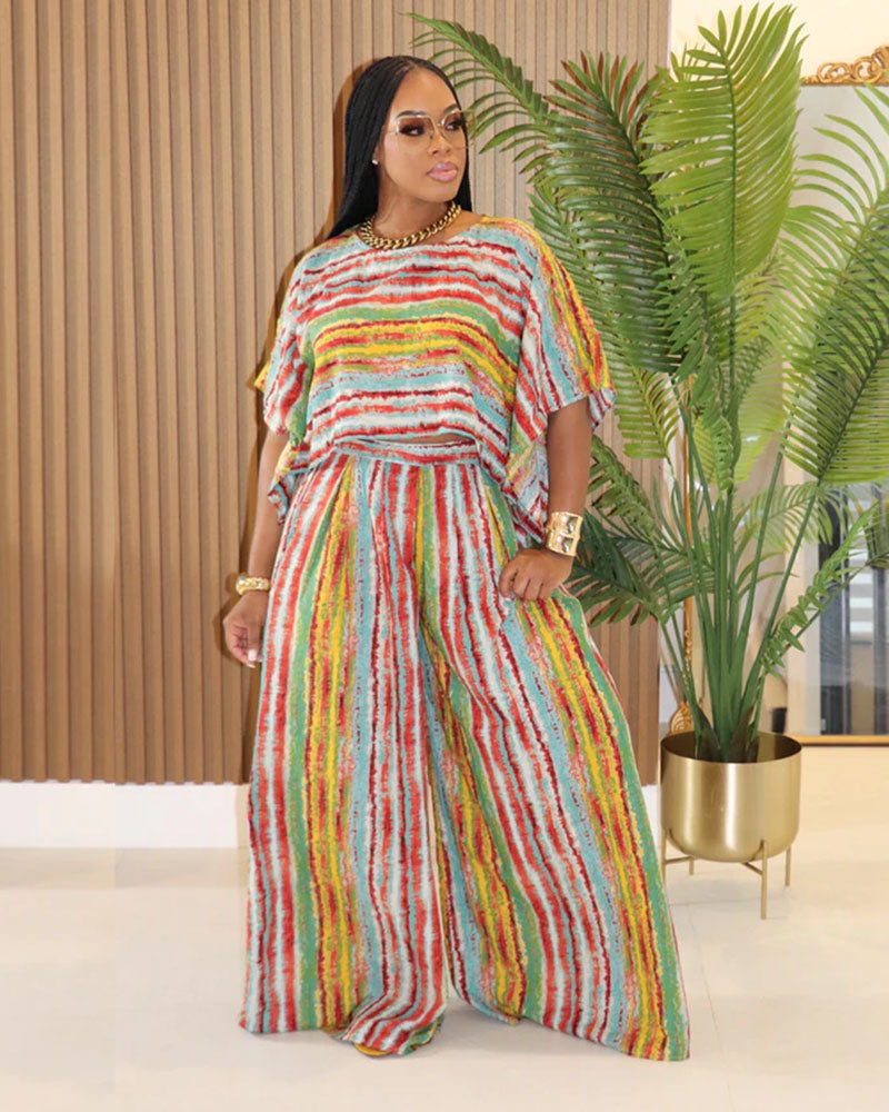 Ensemble haut court à rayures vibrantes et pantalon large