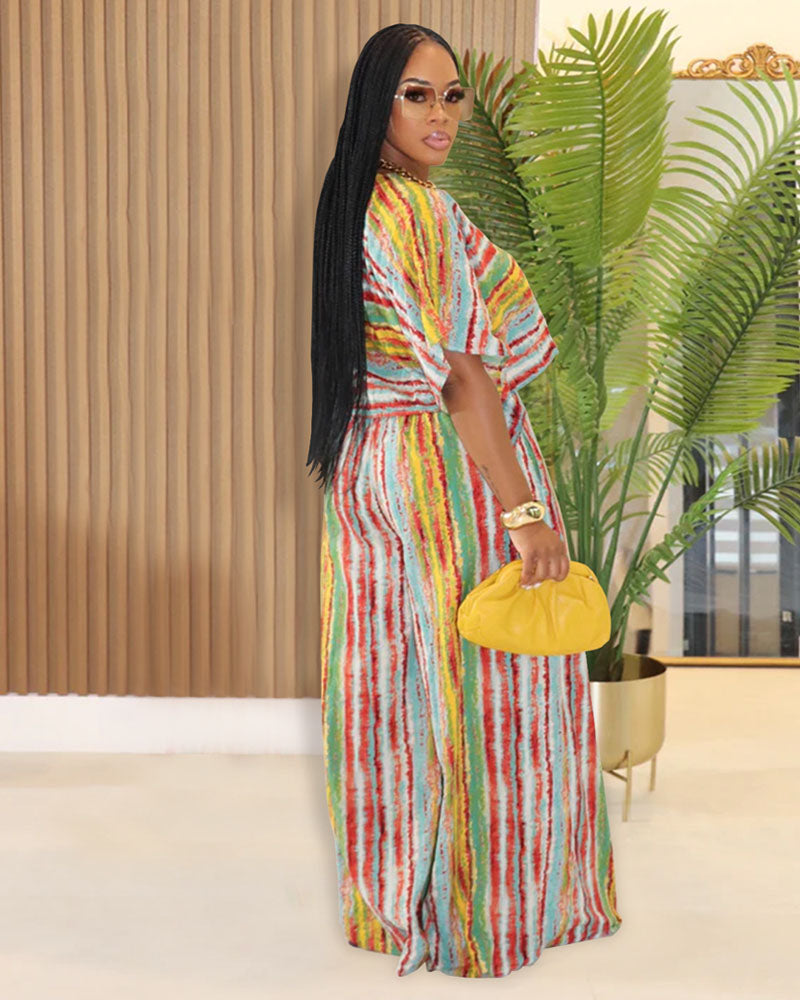 Ensemble haut court à rayures vibrantes et pantalon large