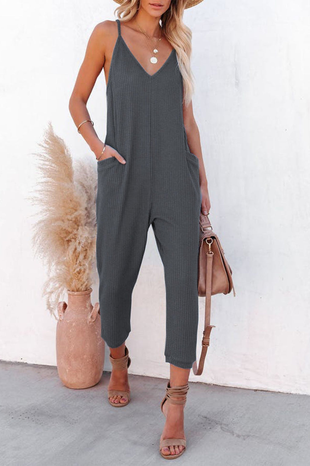 Waffle V Neck Spaghetti Straps Jumpsuits