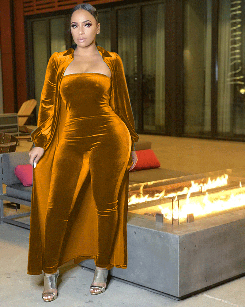 Waxing Velvet Jumpsuit Set Camel