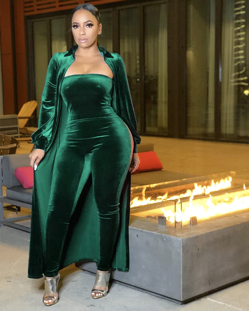 Waxing Velvet Jumpsuit Set Green
