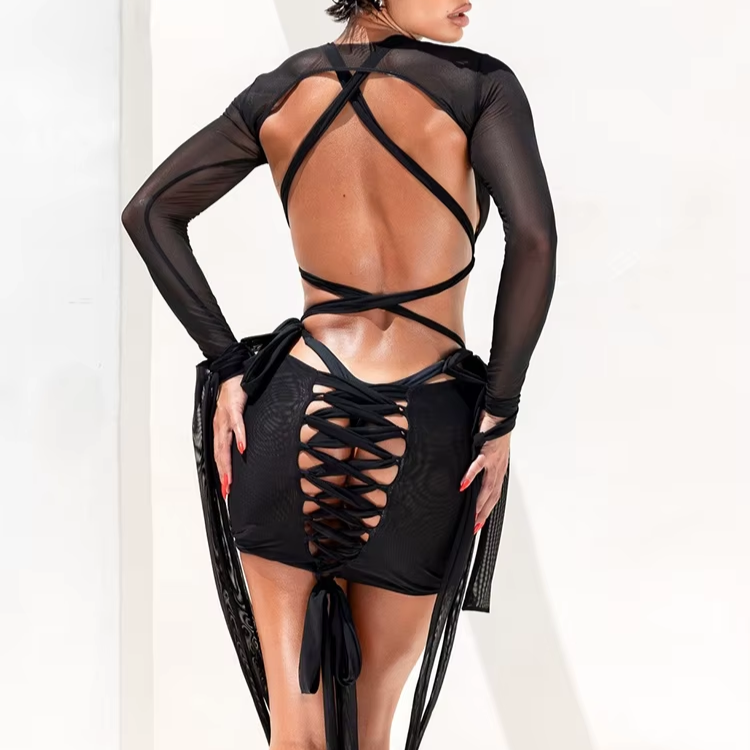 Sheer Lace-Up Dress + Bodysuit Set