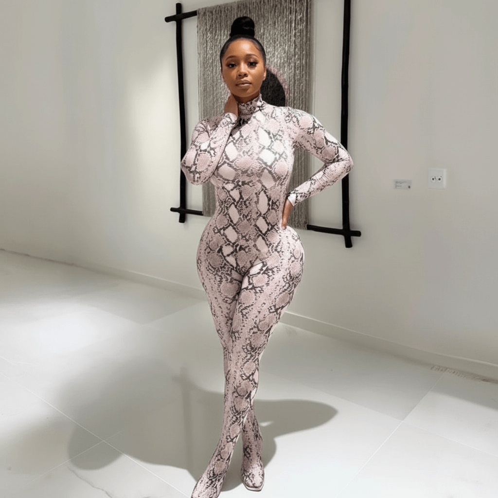 Snake Print Mock Neck Jumpsuit