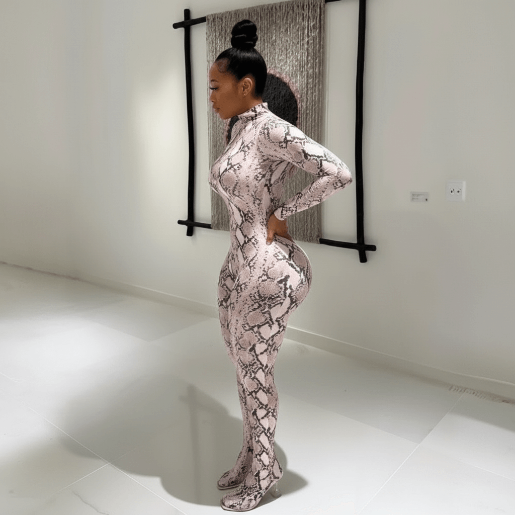Snake Print Mock Neck Jumpsuit
