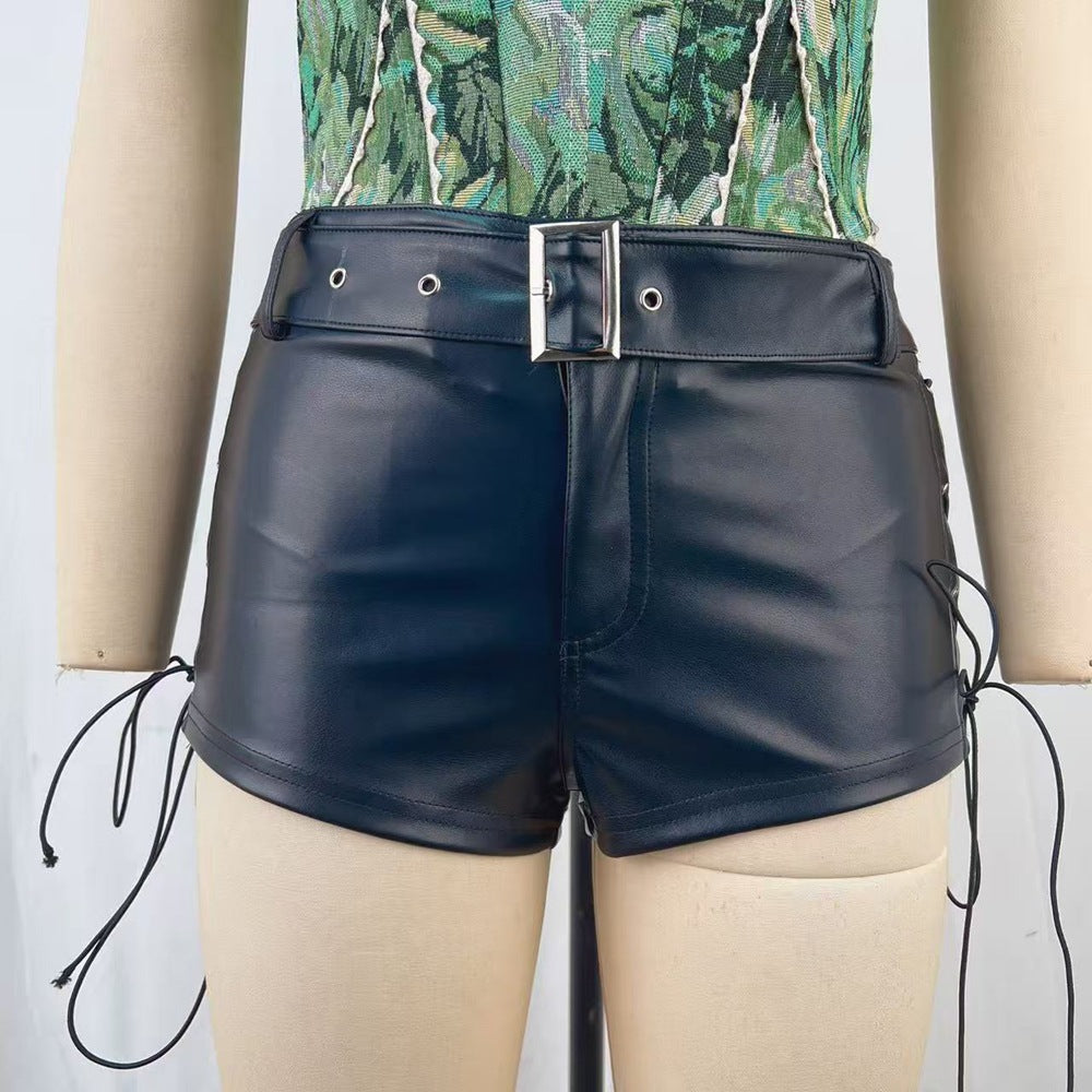 Leather Low Rise Lace-Up Belted Shorts for Clubwear