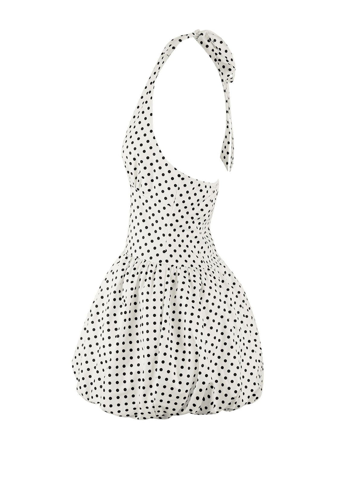 Polka Dot Halter Deep V-Neck Low Back Bubble Mini Dress for Party Wear