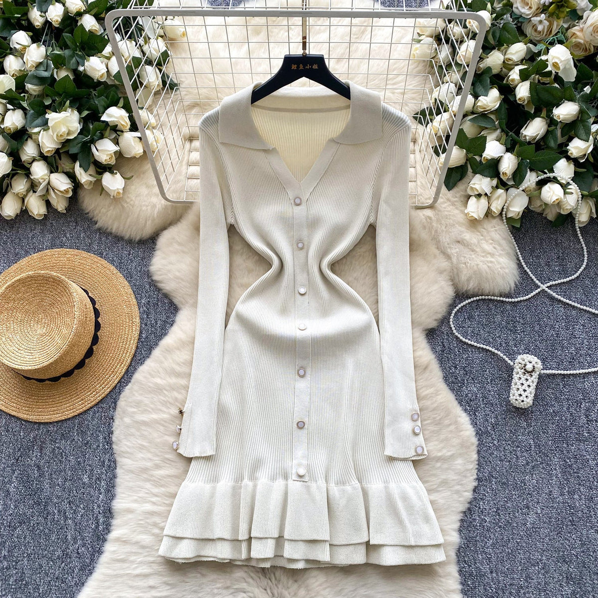 Color-Block Polo Collar Long Sleeve Ruffle Trim Dress