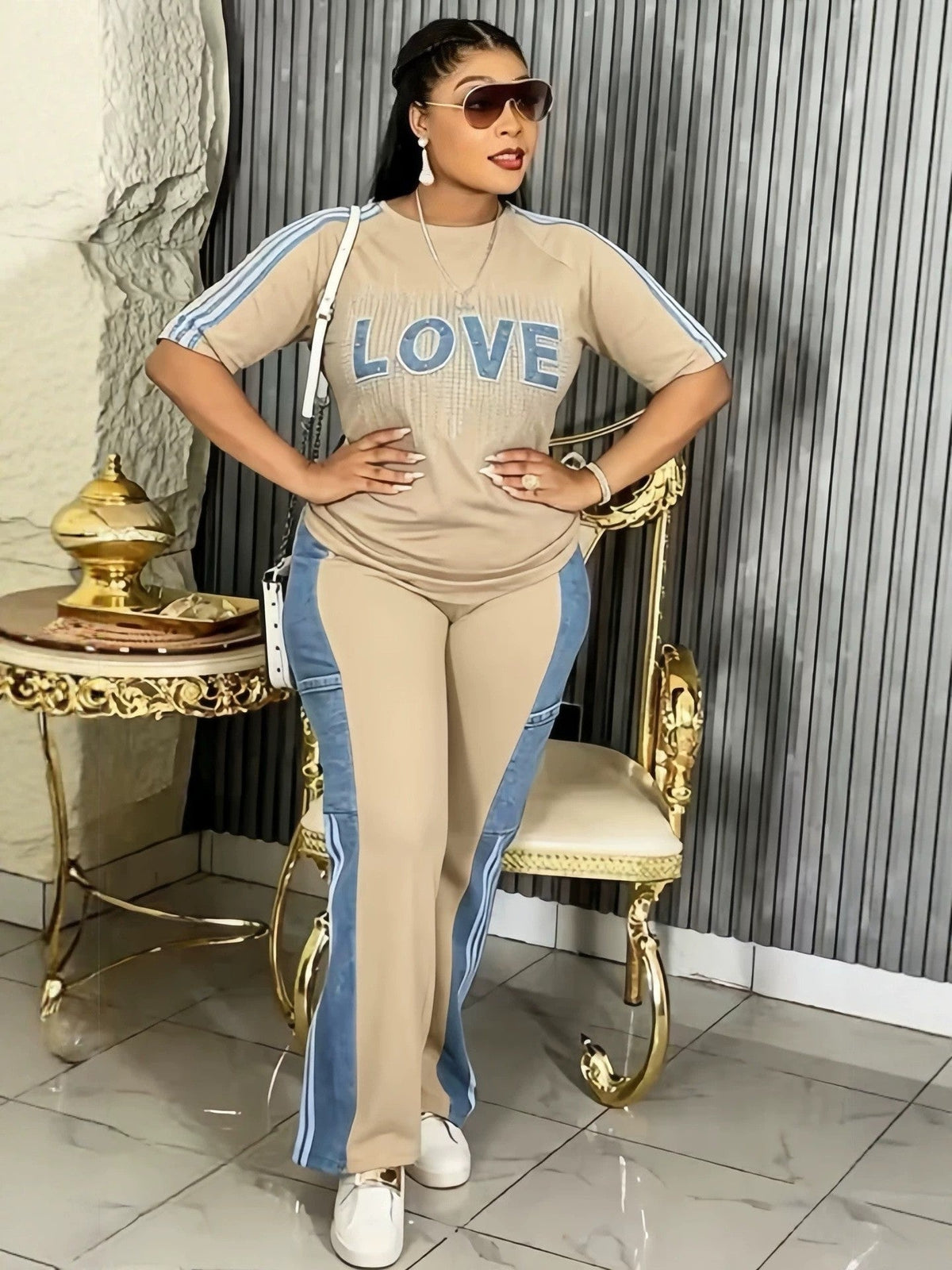 Plus Size Beaded Short Sleeve Color Block Striped Patchwork Denim Pants Set