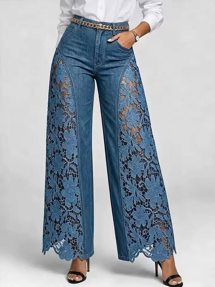 Patchwork Hollow-Out Floral Lace See-Through Bell Bottom Pants for Clubwear