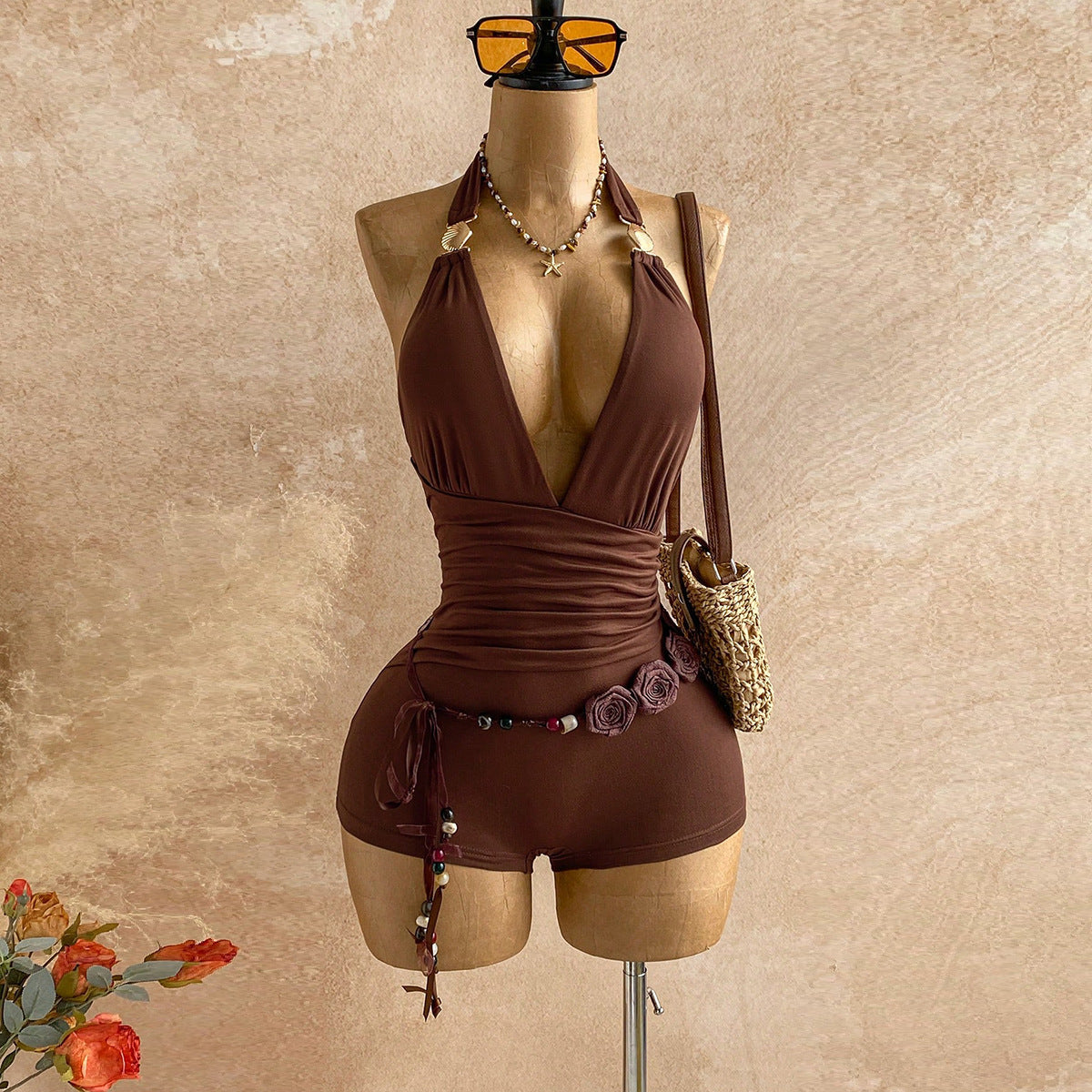 Tropical Print Backless Metal Lace-Up Jumpsuit for Summer Holidays