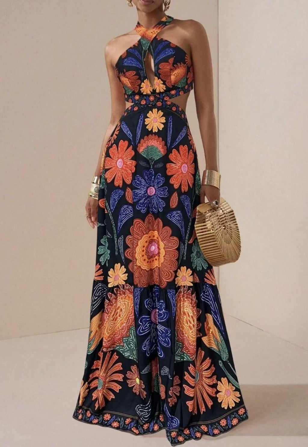 Printed Halter Bohemian Maxi Dress for Summer Vacations