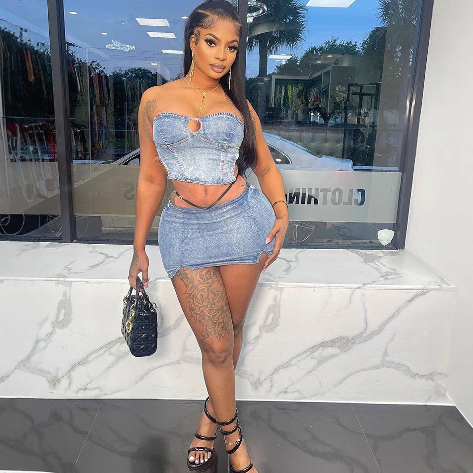 Strapless Denim Top & Slit Mini Skirt Set for Clubwear