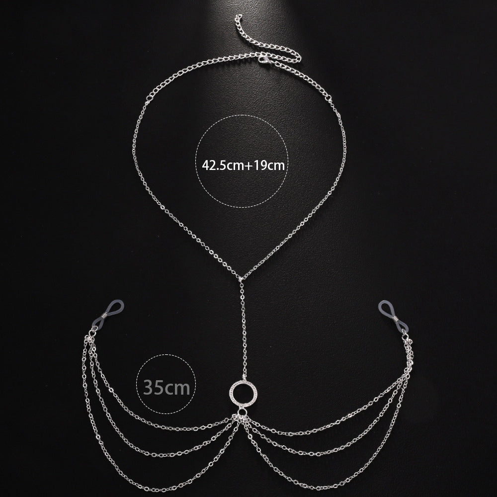 Round Rhinestone Chest Chain Bikini Accessory for Beach Parties