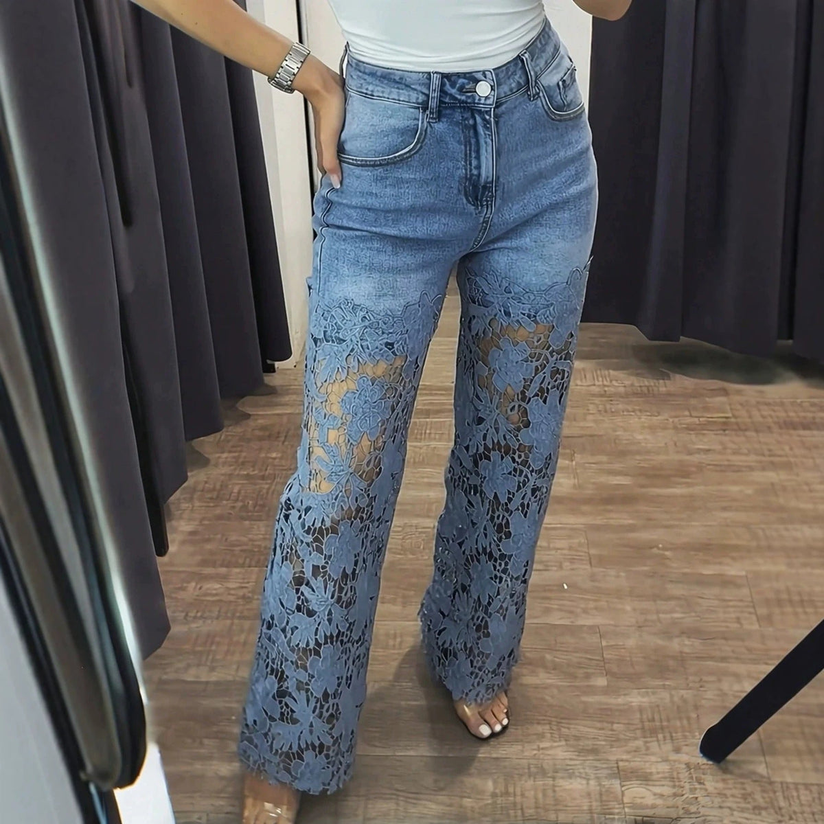 Washed Hollow-Out Lace High Waist Straight Leg Denim Pants for Casual Wear
