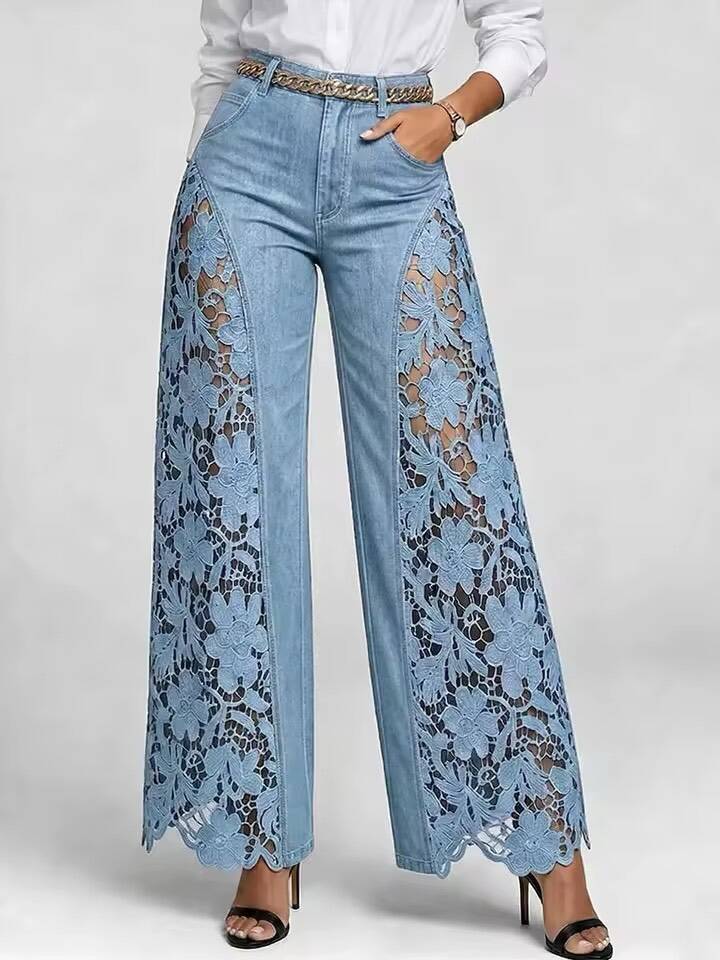 Patchwork Hollow-Out Floral Lace See-Through Bell Bottom Pants for Clubwear