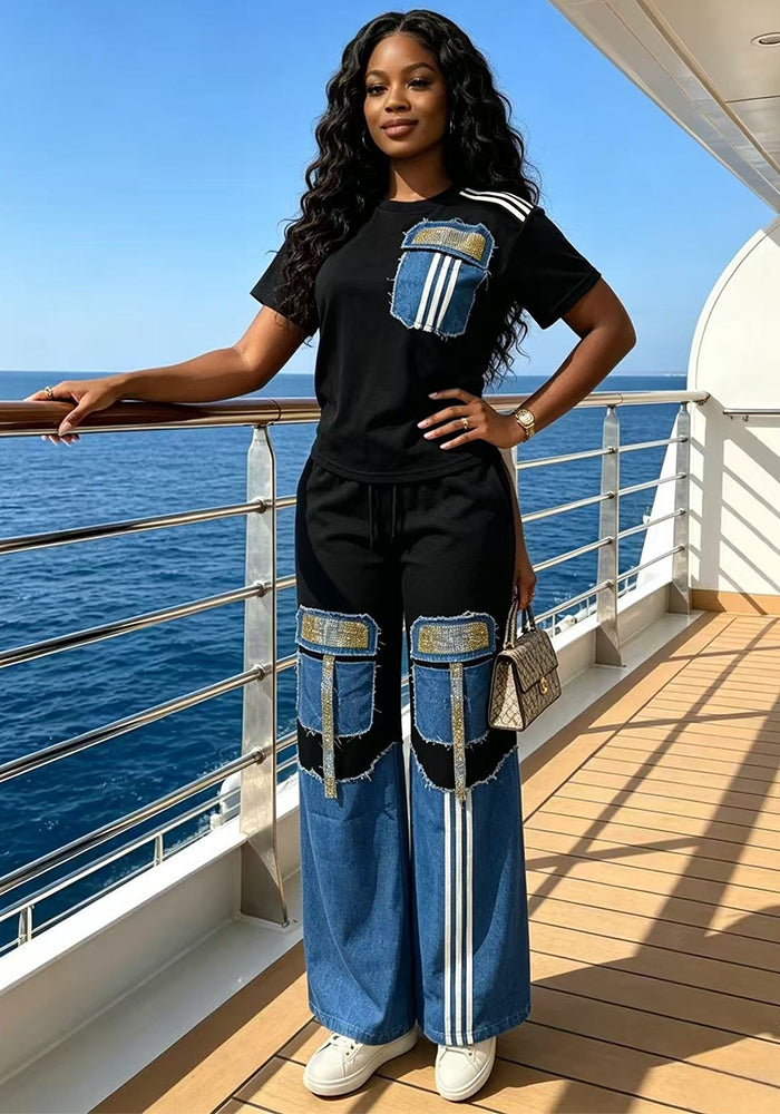 Denim Patchwork Beaded Short-Sleeve Top & Wide-Leg Pants Set for Summer