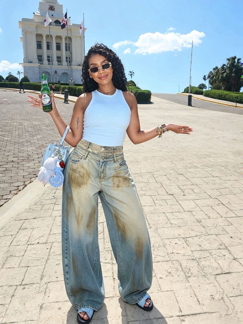 Double Waistband Washed Denim Pants for Streetwear