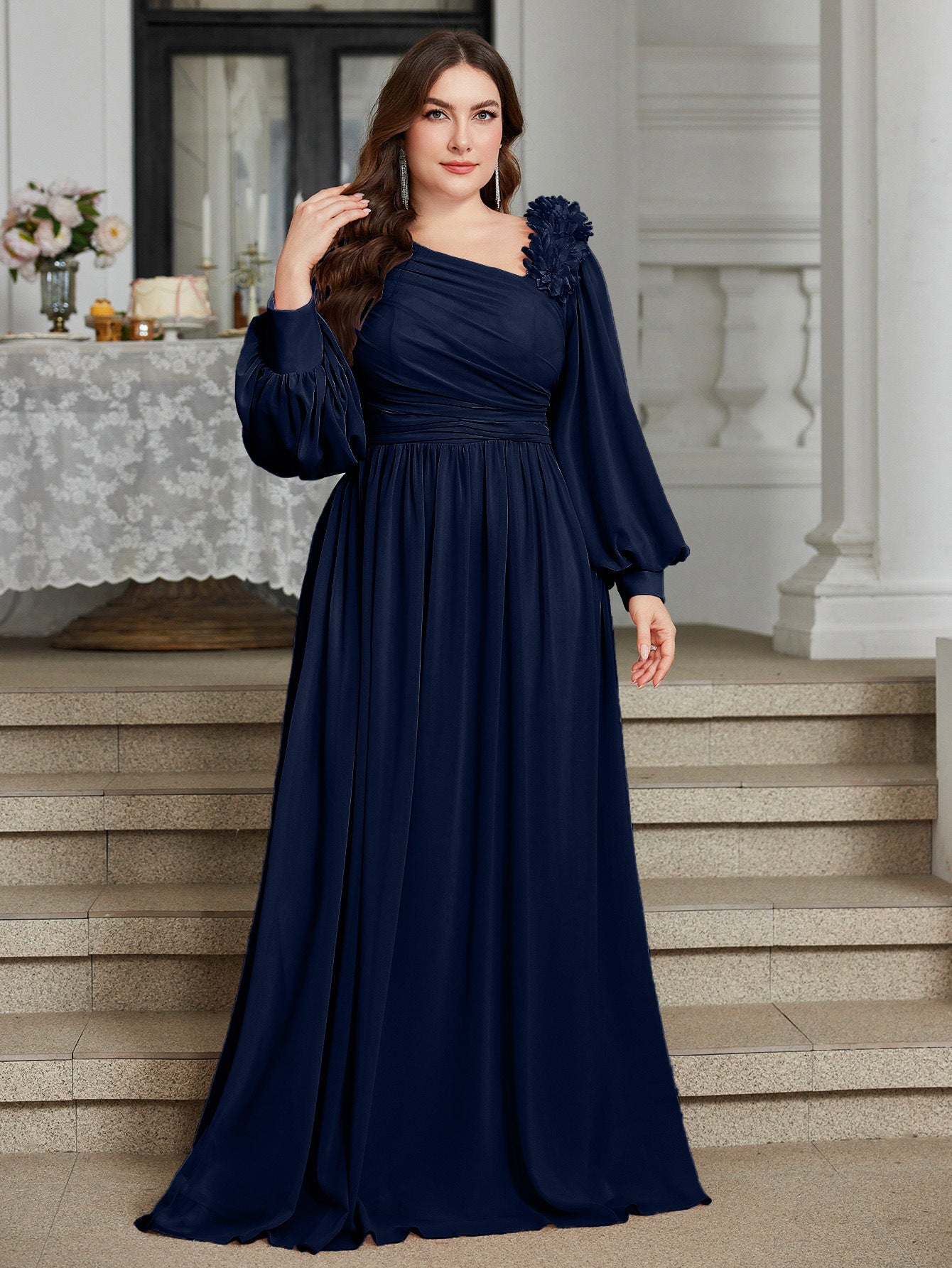 Plus Size Slash Shoulder Applique Lantern Sleeve Long Dress for Bridesmaids & Formal Events