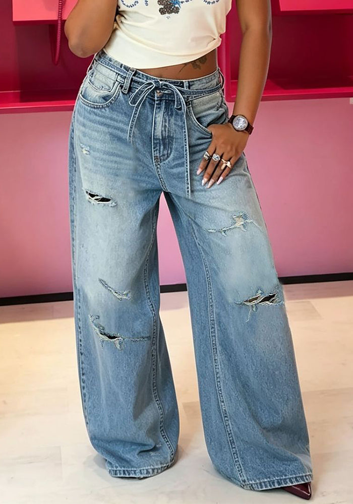Ripped Drawstring Washed Denim Pants for Streetwear