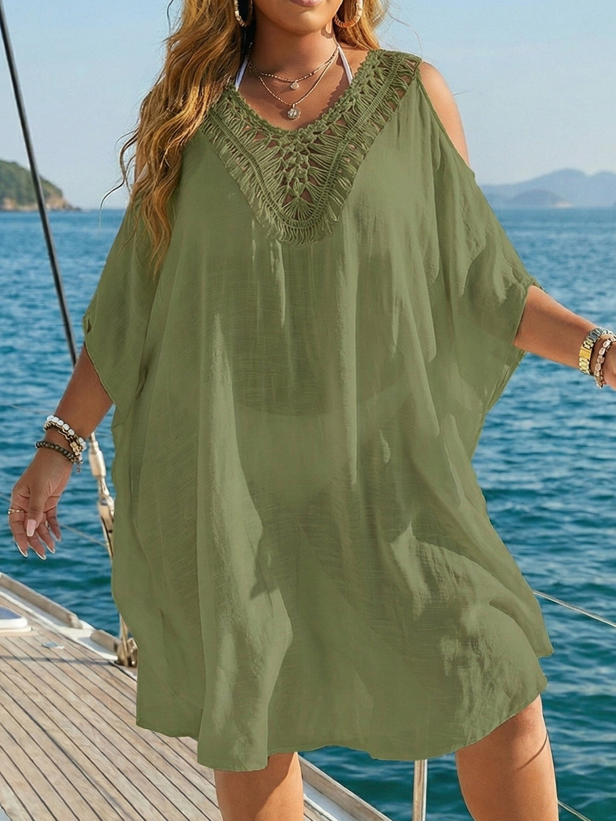 Plus Size Crocheted Patchwork Low Back Lace-Up Loose Beach Cover-Up Dress
