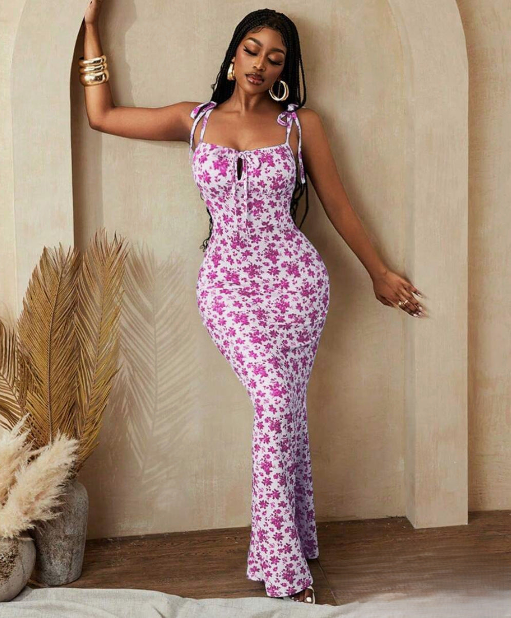 Floral Tie-Strap Cami Mermaid Maxi Dress for Summer Events