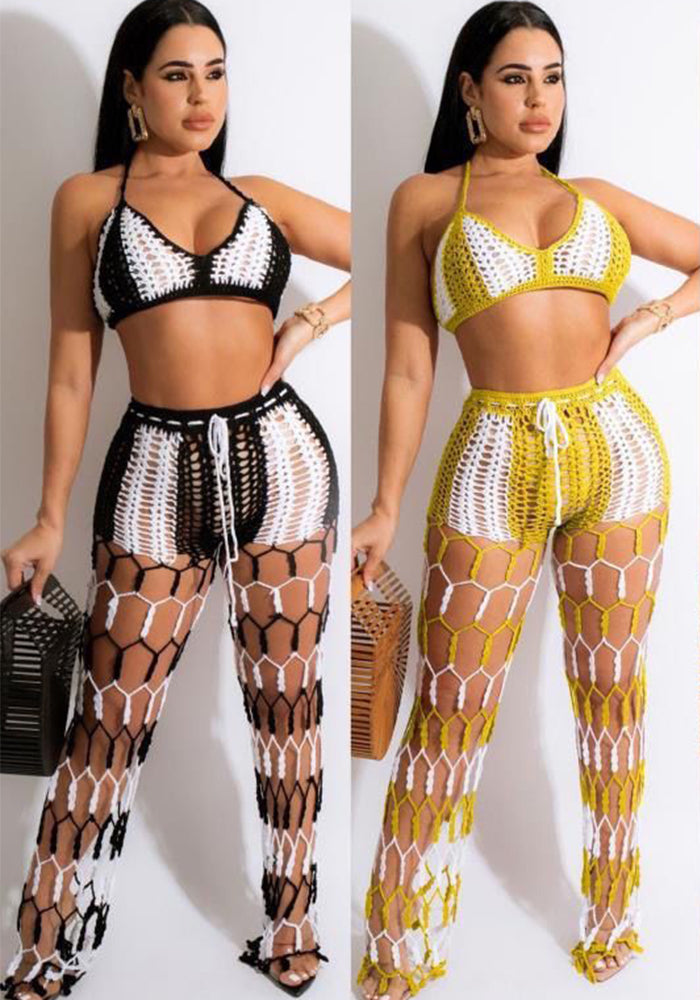 Color Block See-Through Hollow-Out Crochet Fishnet Pants Two-Piece Set for Beachwear