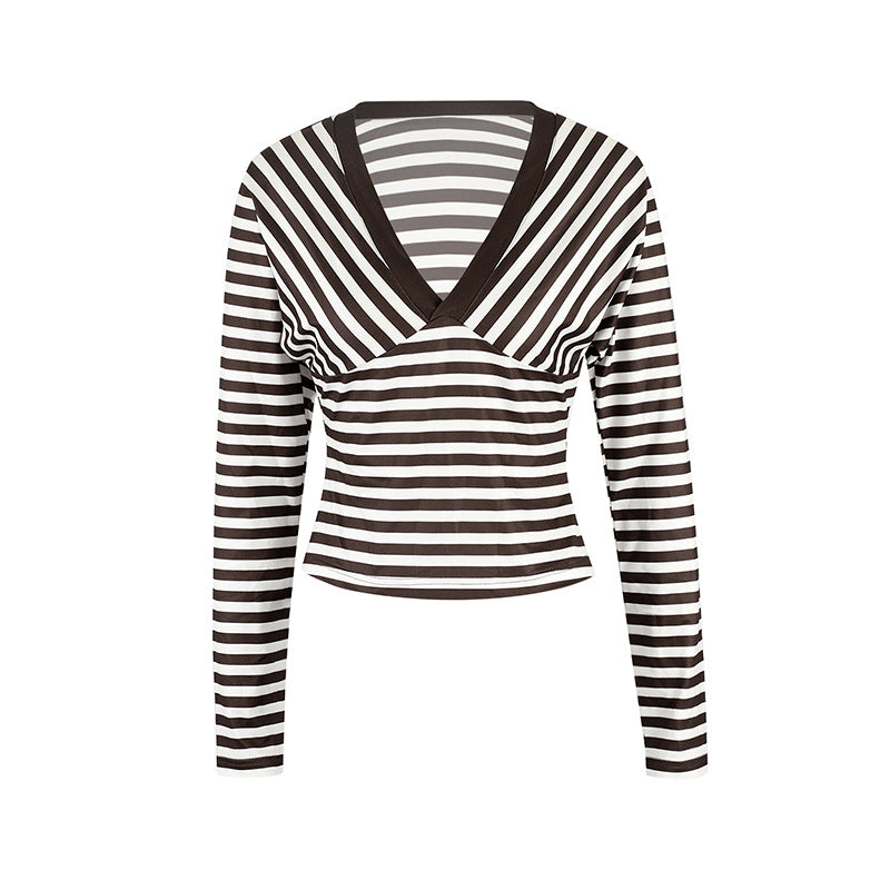 Striped V-Neck Color-Block Long-Sleeve T-Shirt