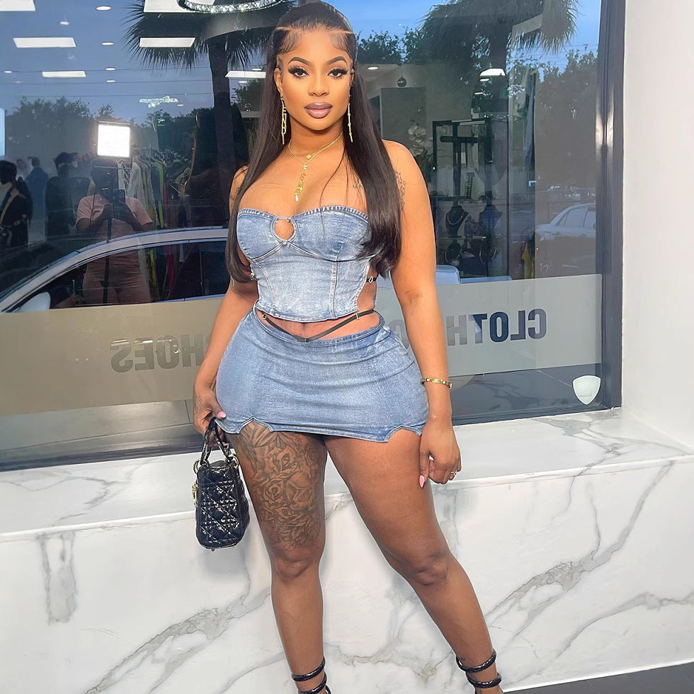 Strapless Denim Top & Slit Mini Skirt Set for Clubwear