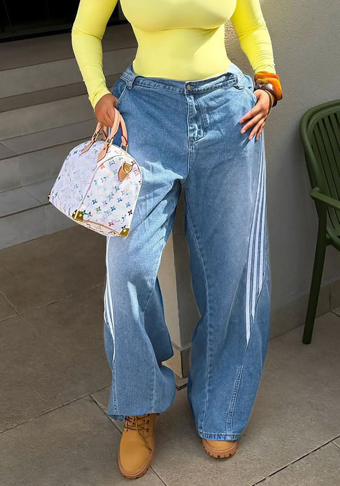 Striped Patchwork Washed Wide Leg Denim Pants for Streetwear