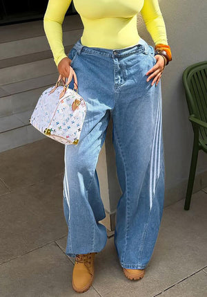 Striped Patchwork Washed Wide Leg Denim Pants for Streetwear