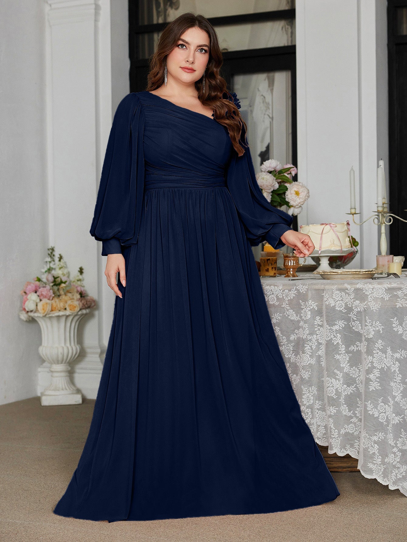 Plus Size Slash Shoulder Applique Lantern Sleeve Long Dress for Bridesmaids & Formal Events