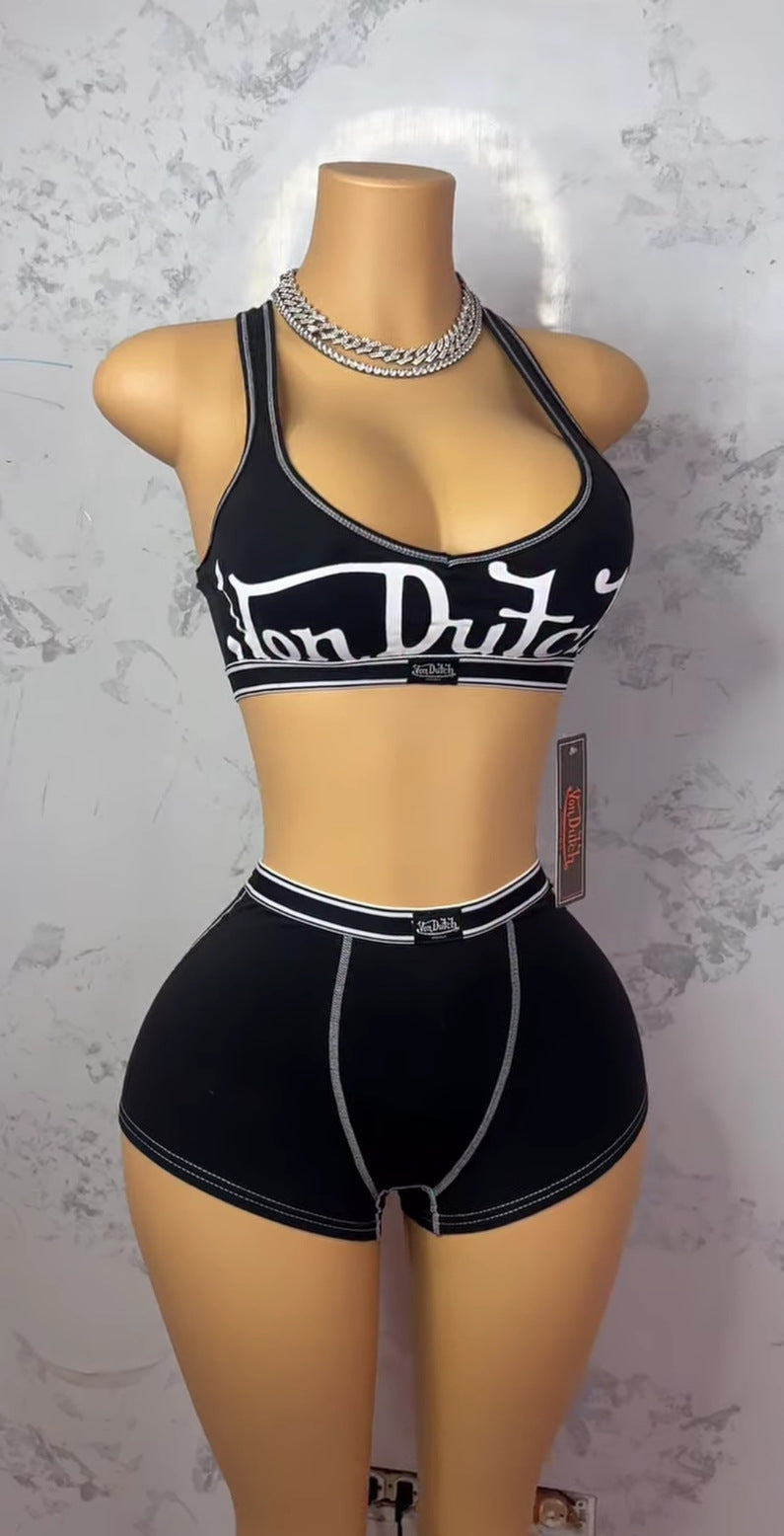 Color Block Letter Print Halter Tank Top & Shorts Two-Piece Set for Summer
