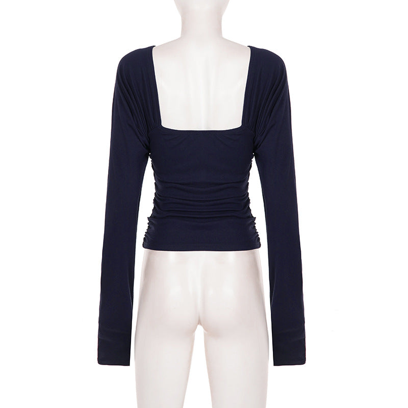 Deep V-Neck Long Sleeve Pleated Slim Waist Top for Evening Wear