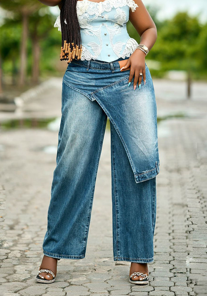 Patchwork Waistband Denim Pants for Casual Streetwear