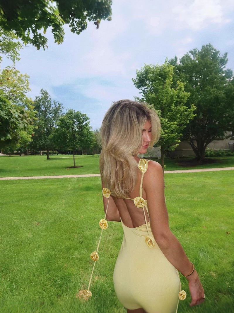 Backless Strapless Dress with 3D Floral Embellishments