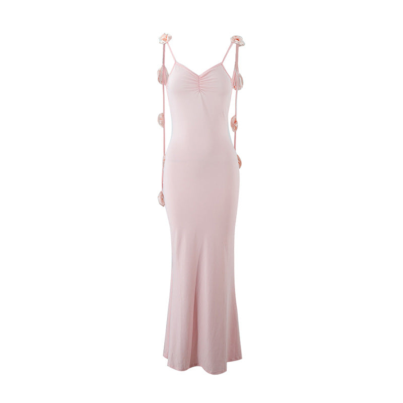 Backless Strapless Dress with 3D Floral Embellishments