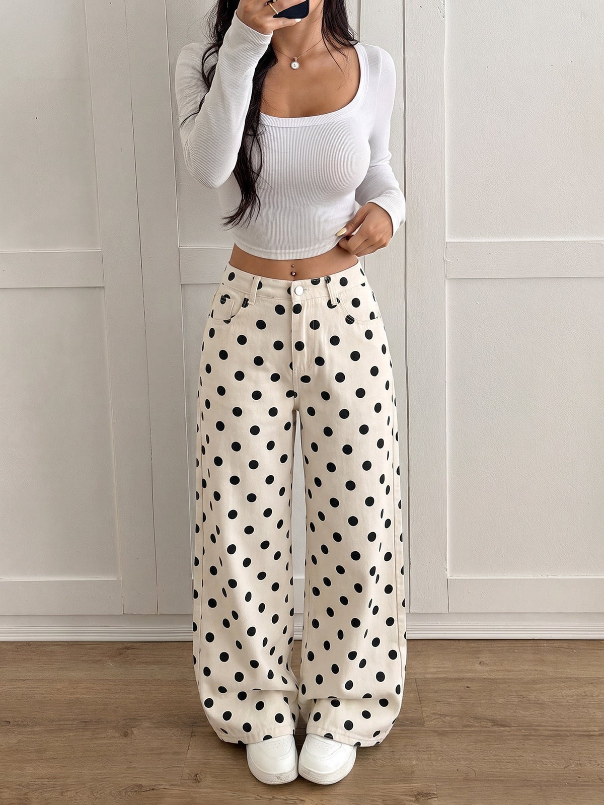 Black Polka Dot High Waist Loose Wide Leg Denim Pants