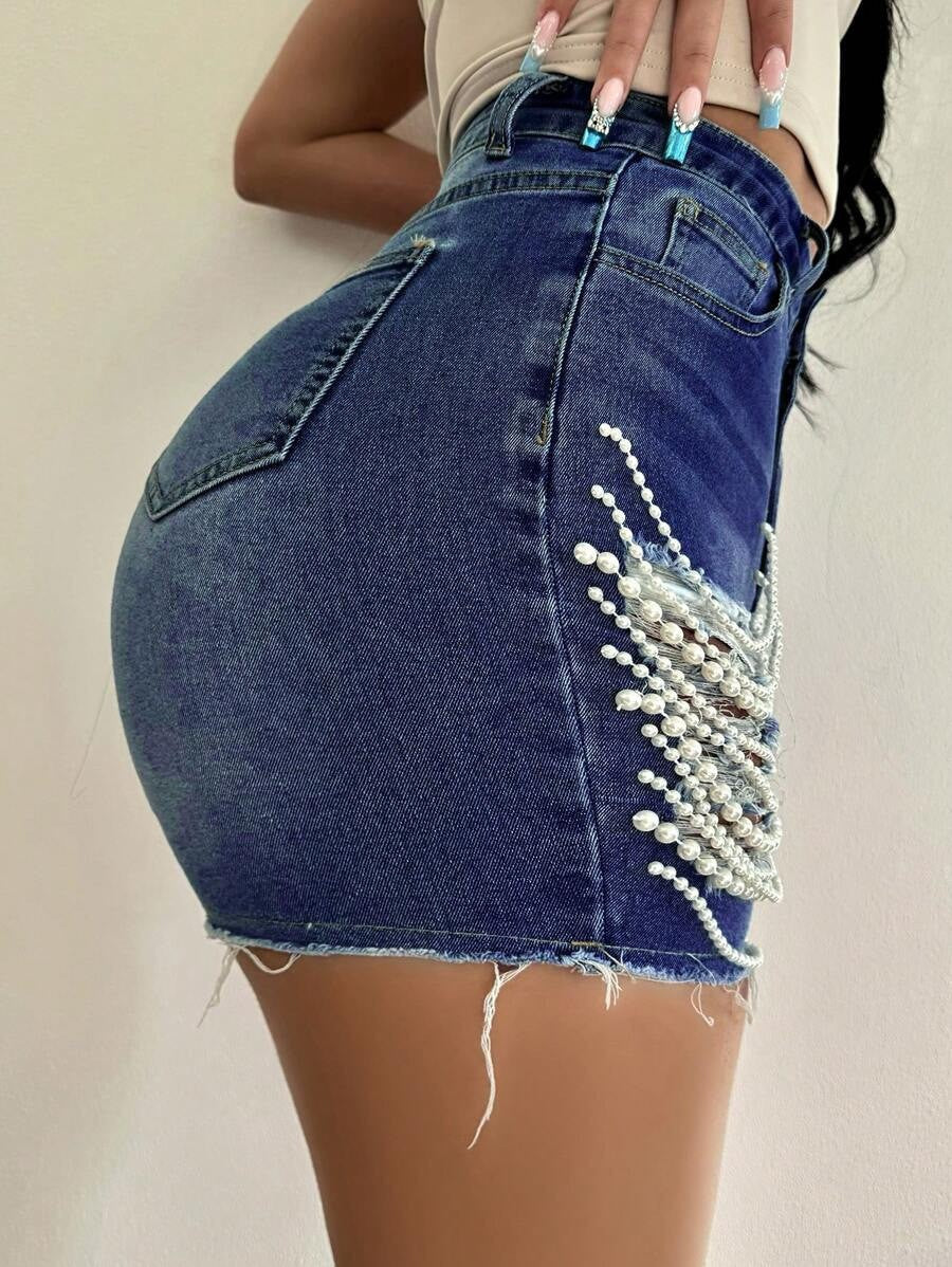 High Waist Slim Fit Ripped Beaded Denim Shorts for Summer Streetwear