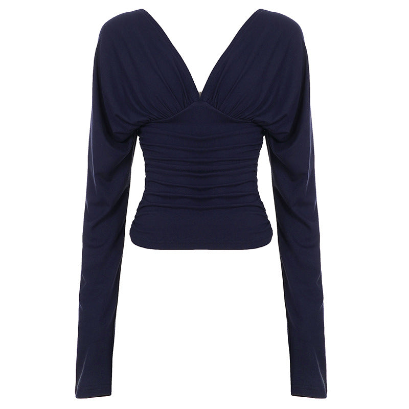 Deep V-Neck Long Sleeve Pleated Slim Waist Top for Evening Wear