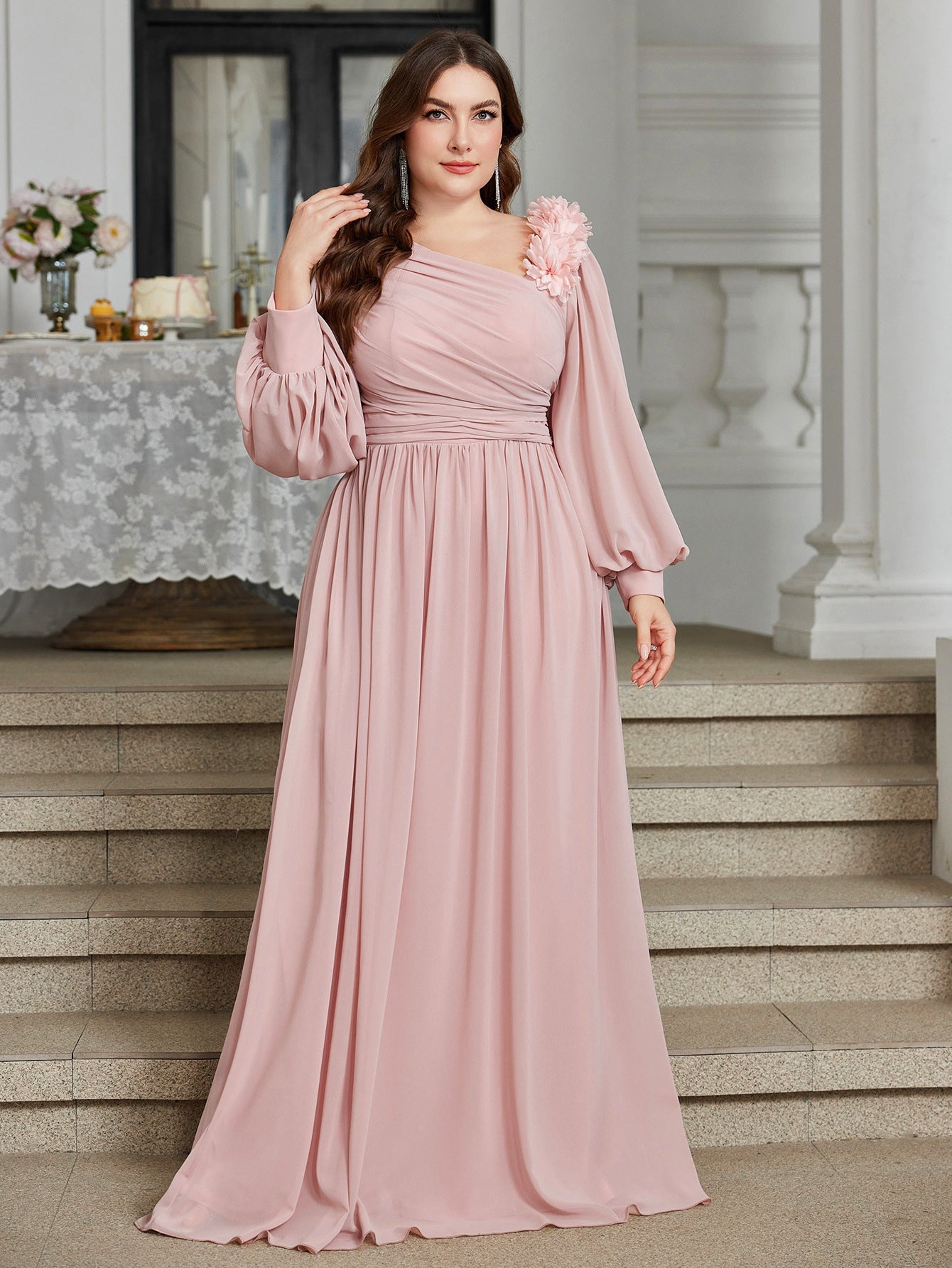 Plus Size Slash Shoulder Applique Lantern Sleeve Long Dress for Bridesmaids & Formal Events