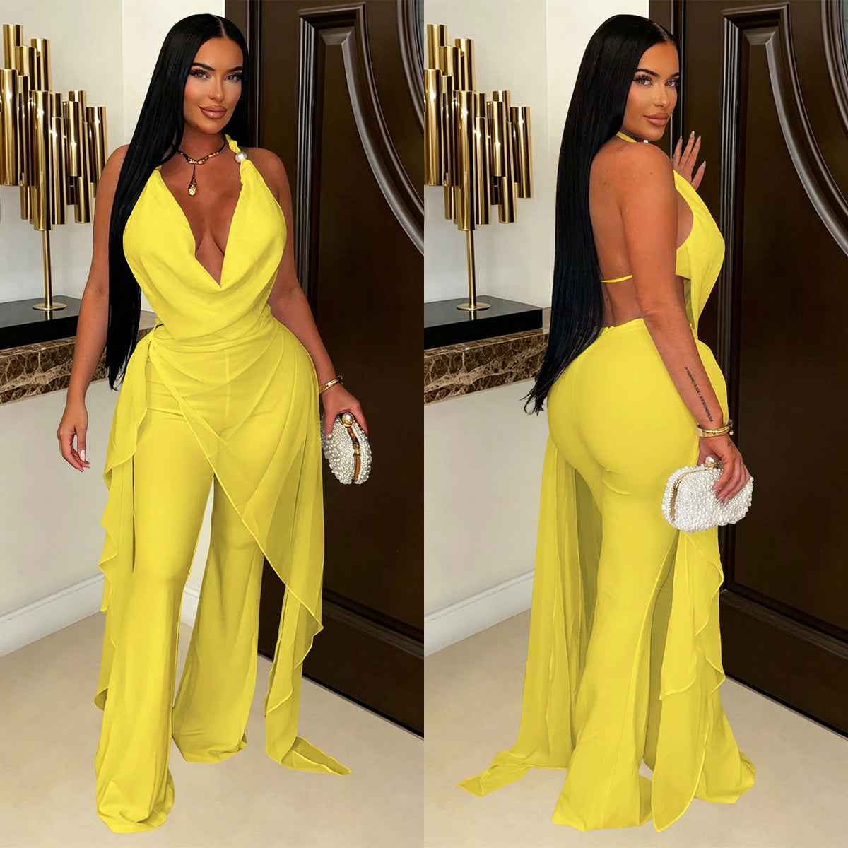Halter Cowl Neck Irregular Tassel Top & Wide Leg Pants Set for Casual Wear