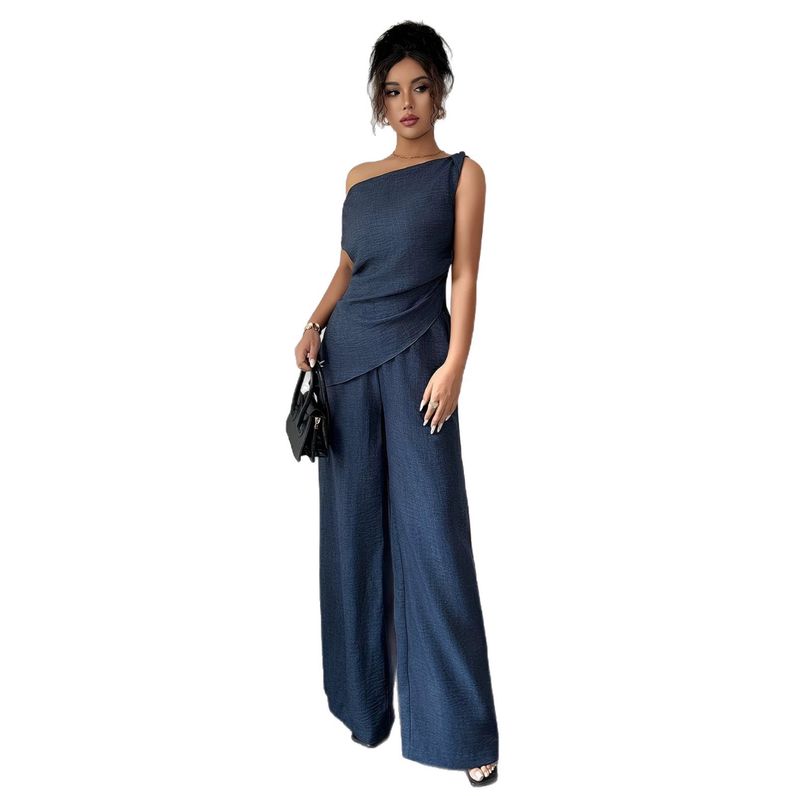 Slash Shoulder Top & Pocket Zip-Up Pants Two-Piece Set for Career Wear