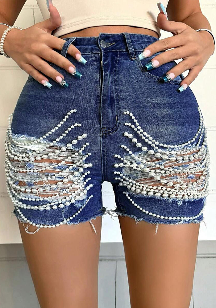 High Waist Slim Fit Ripped Beaded Denim Shorts for Summer Streetwear